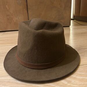 Dark brown wool fedora hat with leather trim